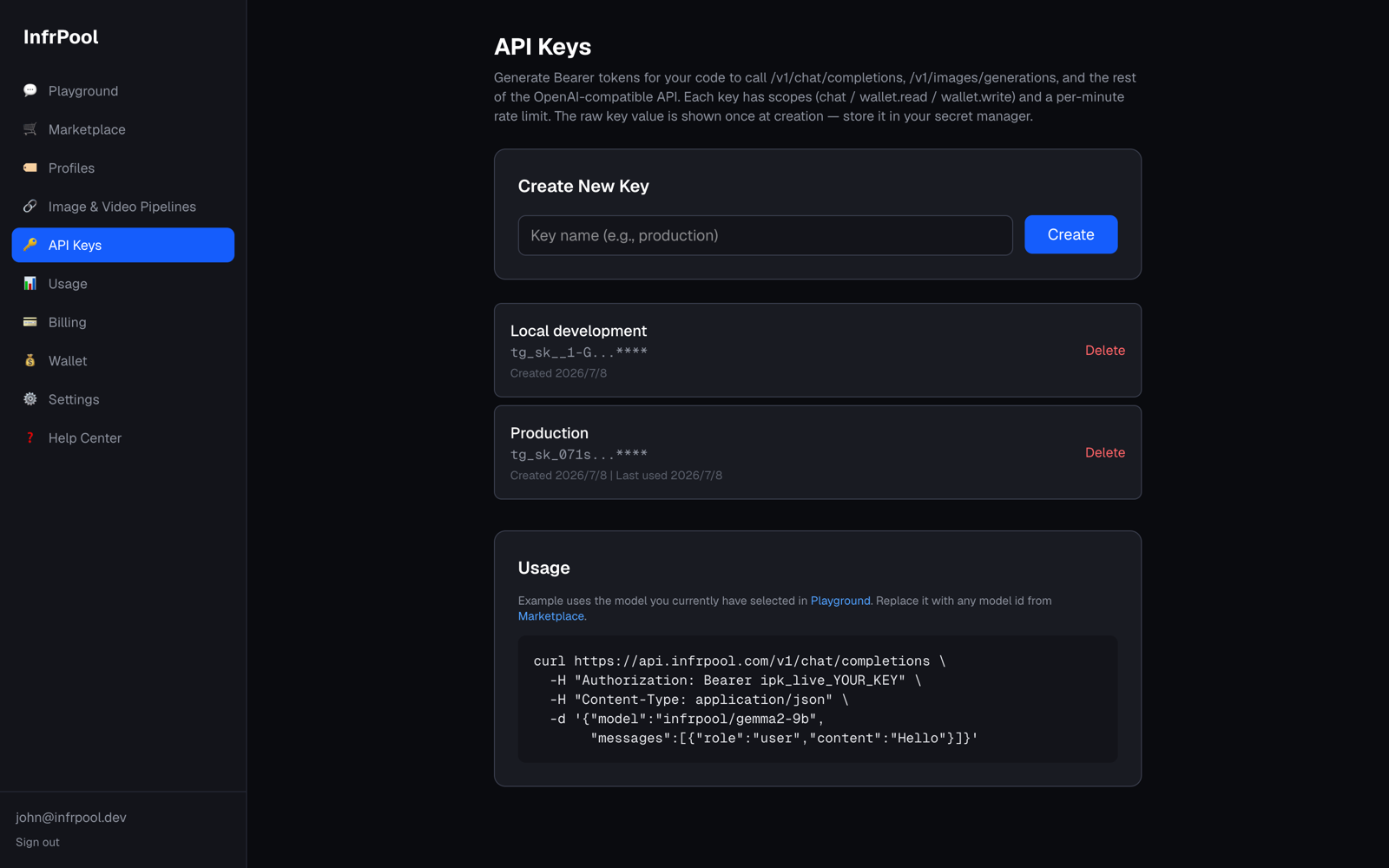 InfrPool API Keys — generate OpenAI-compatible Bearer tokens with a copy-paste curl example.