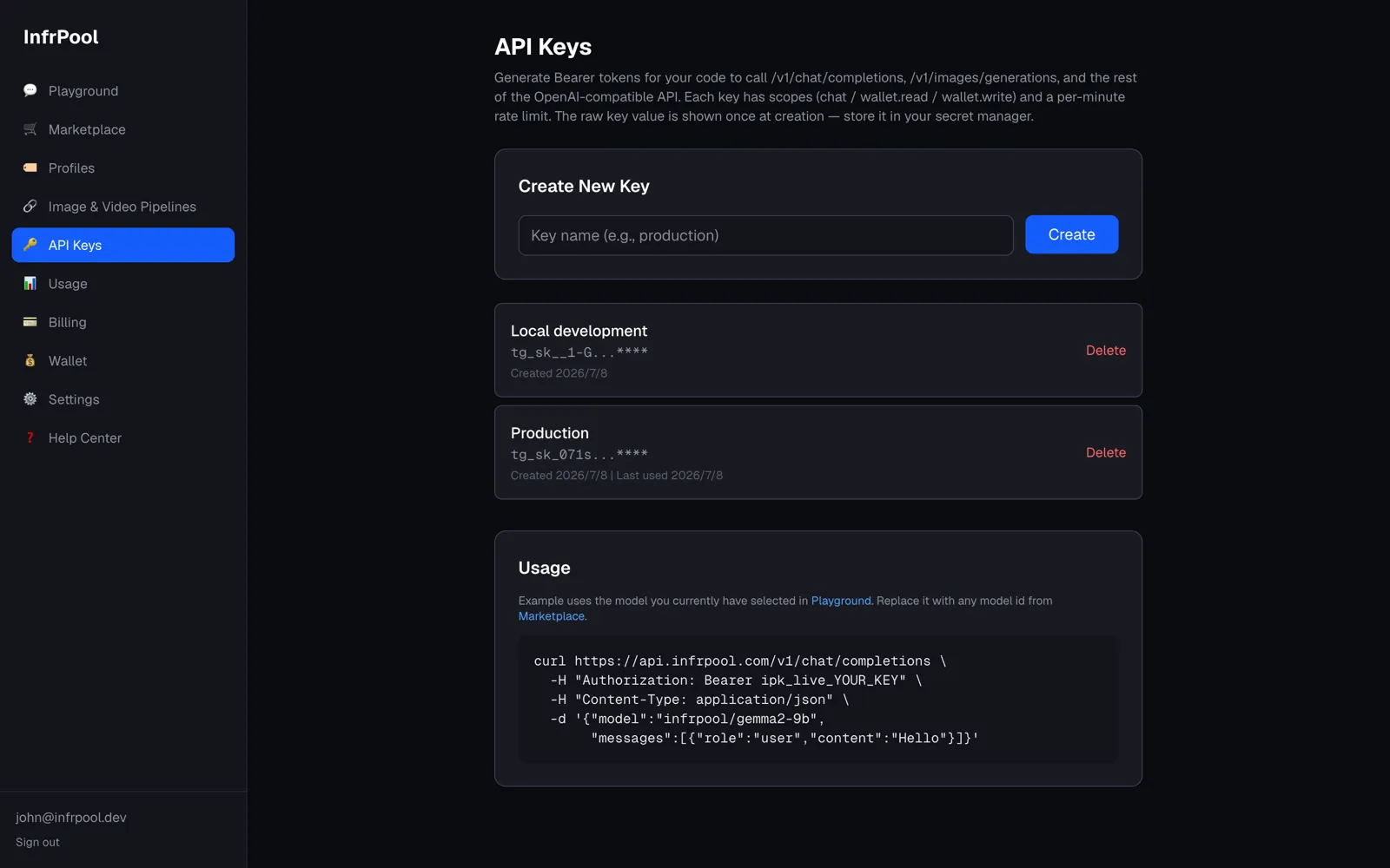 InfrPool API Keys — generate OpenAI-compatible Bearer tokens with a copy-paste curl example.