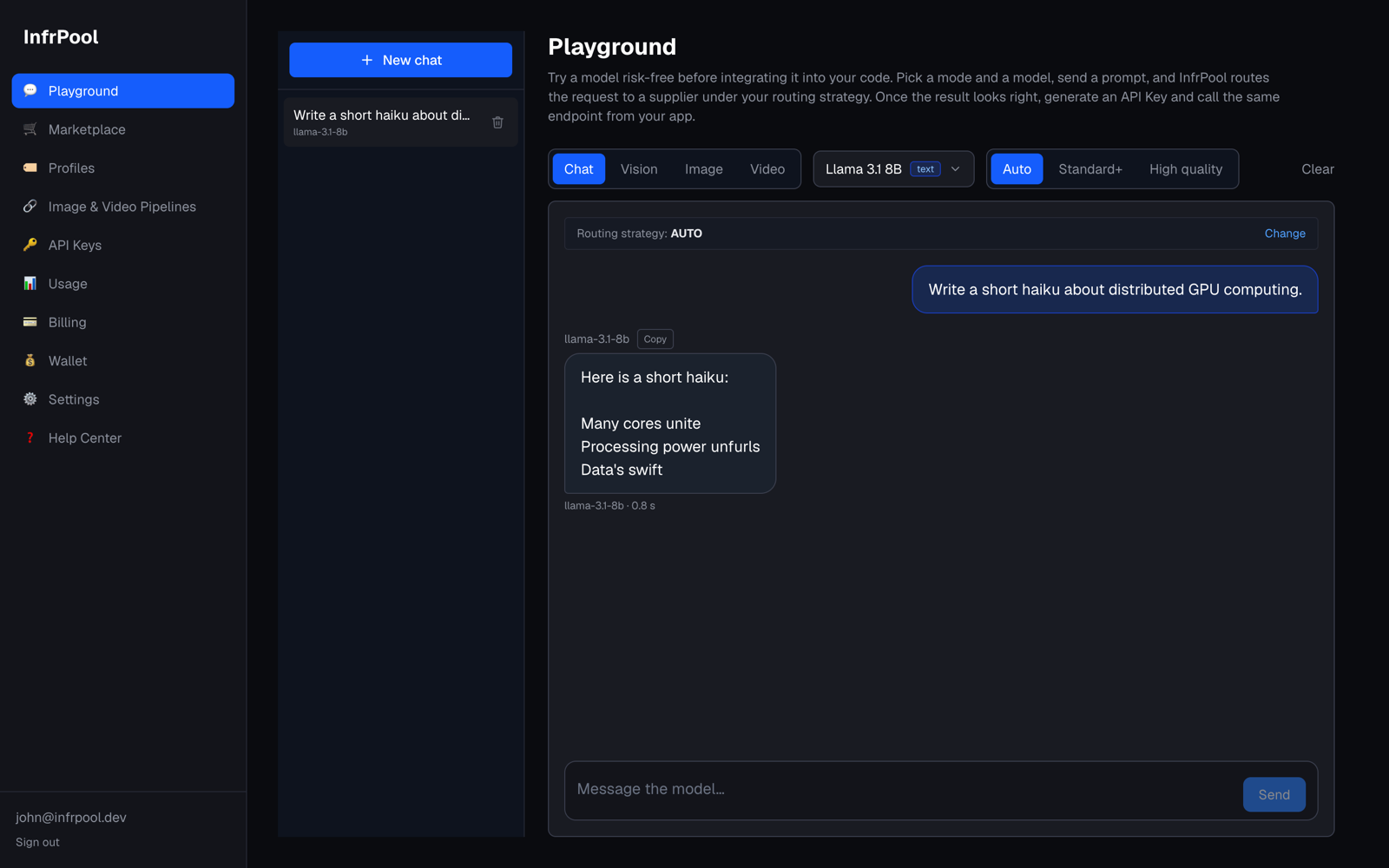 InfrPool Playground running a live text generation — a routed GPU answering a prompt.