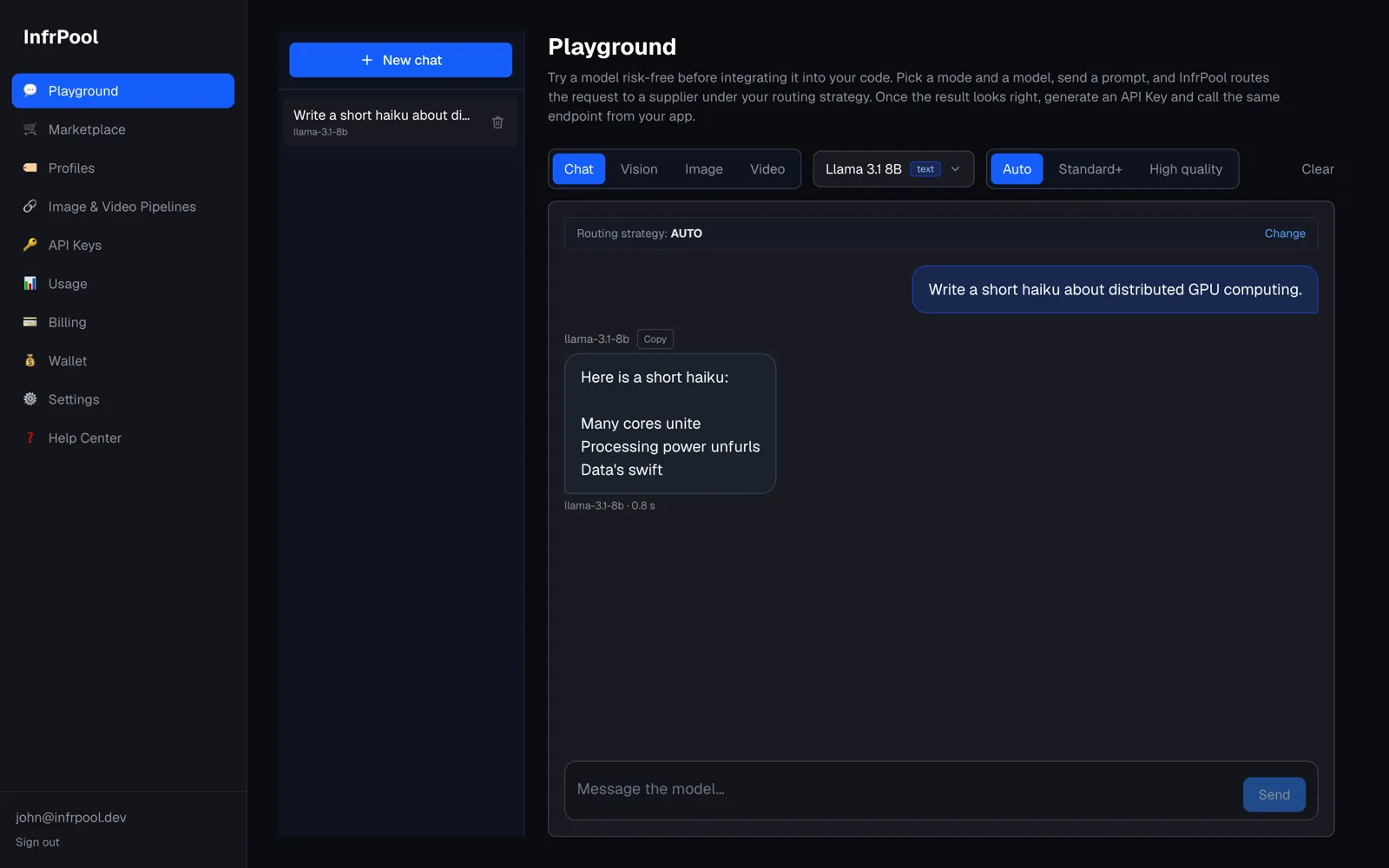 InfrPool Playground running a live text generation — a routed GPU answering a prompt.
