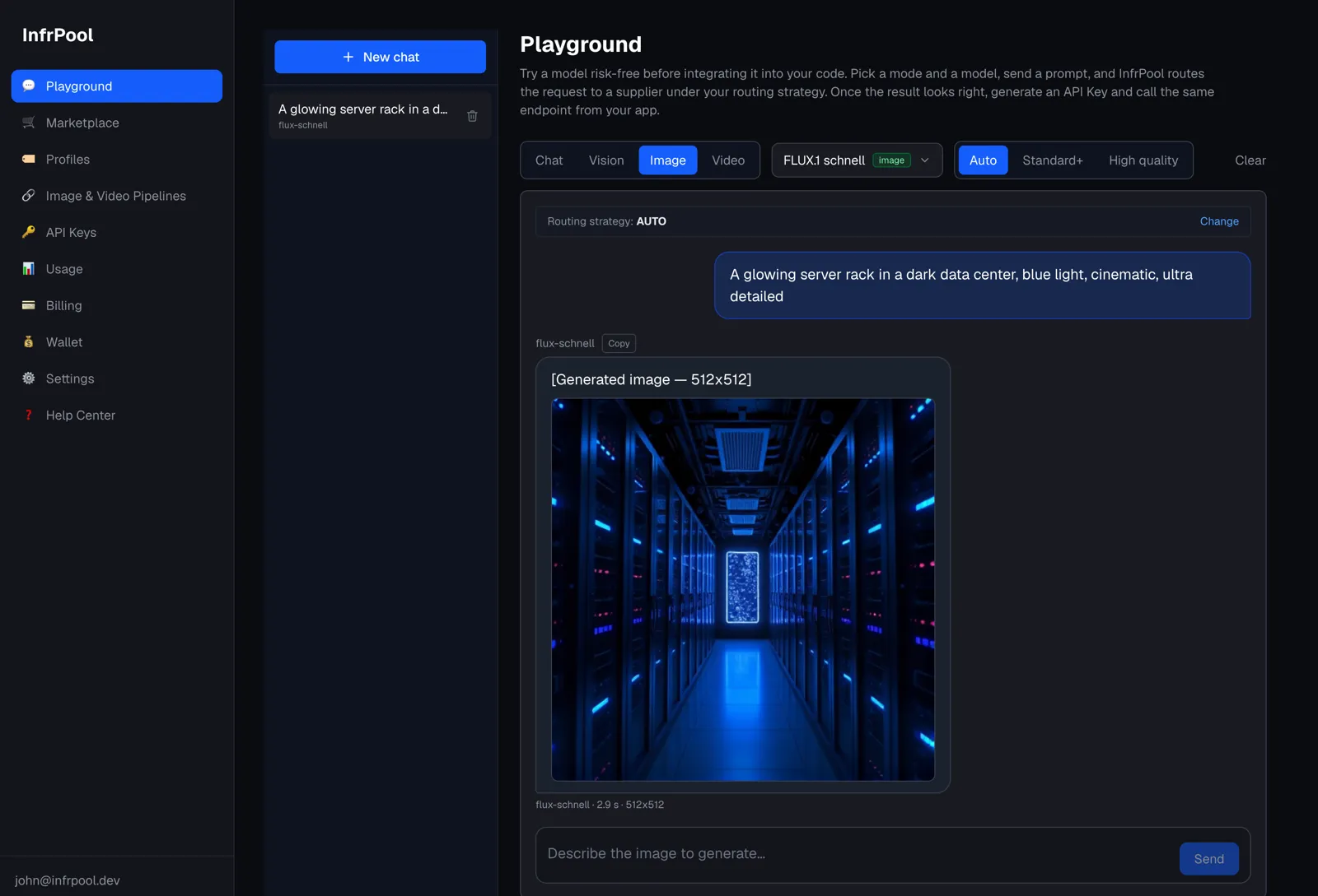 InfrPool Playground generating an image live via a routed GPU — one interface for text, image, and video.