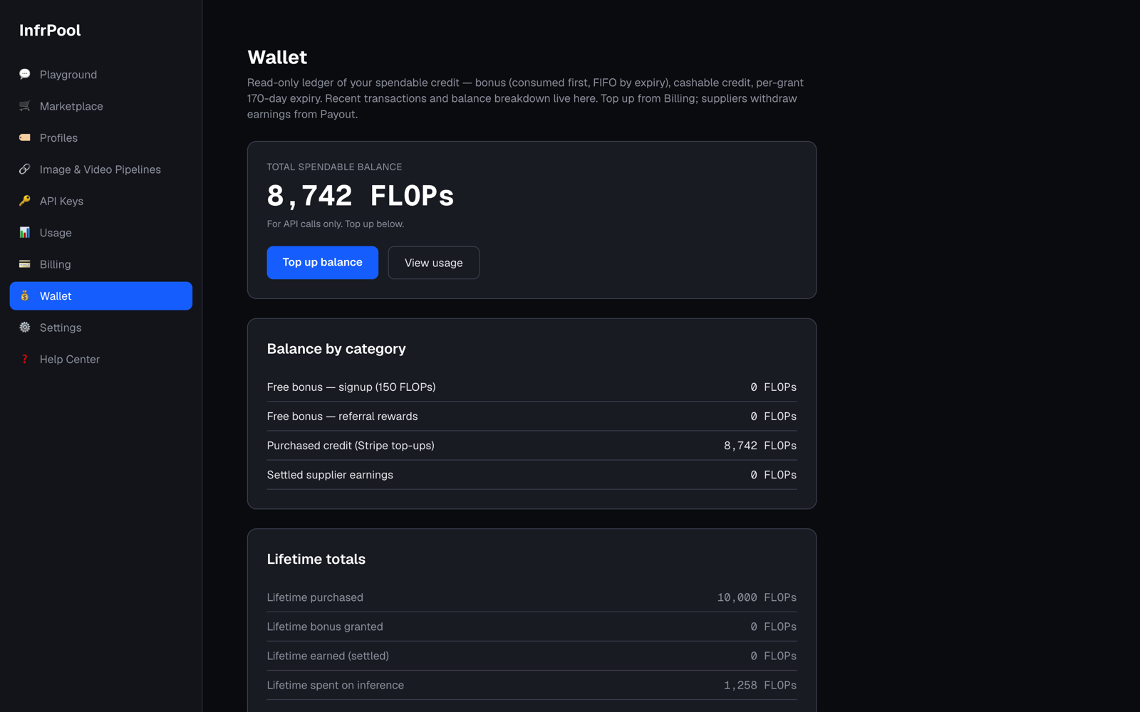 InfrPool wallet — spendable balance shown in FLOPs with a per-category breakdown.