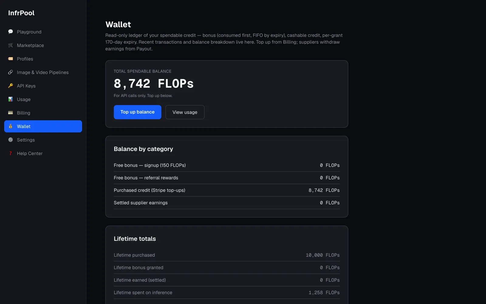 InfrPool wallet — spendable balance shown in FLOPs with a per-category breakdown.